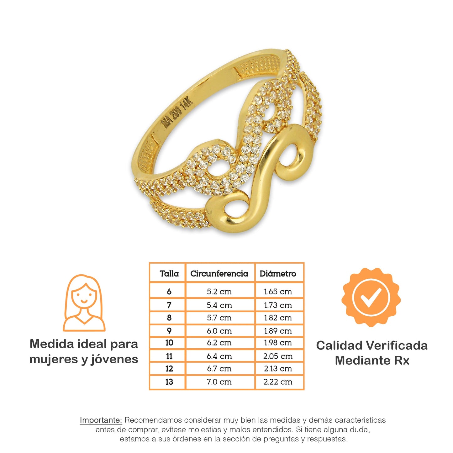 MR14AD035 Anillo Dama Oro Sólido 14K Modelo Doble Infinito con Zirconias y Liso