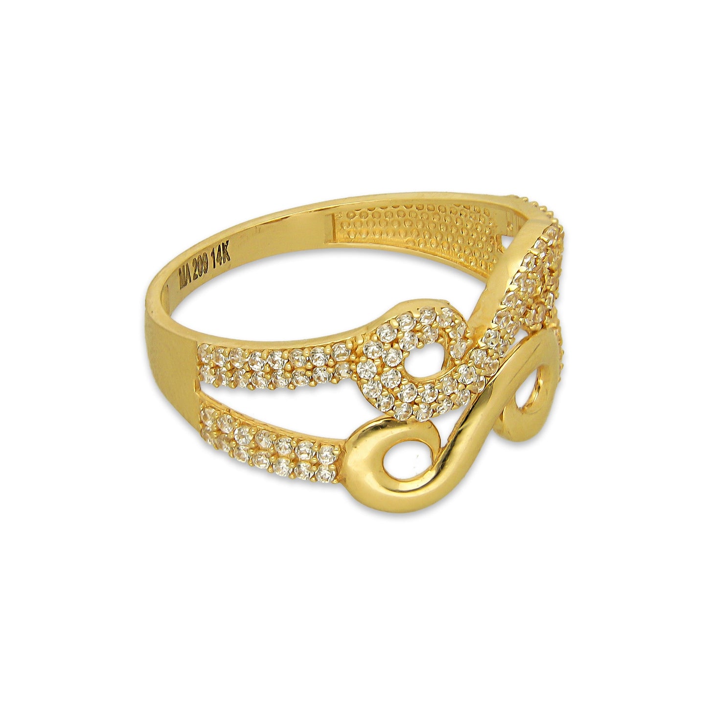 MR14AD035 Anillo Dama Oro Sólido 14K Modelo Doble Infinito con Zirconias y Liso