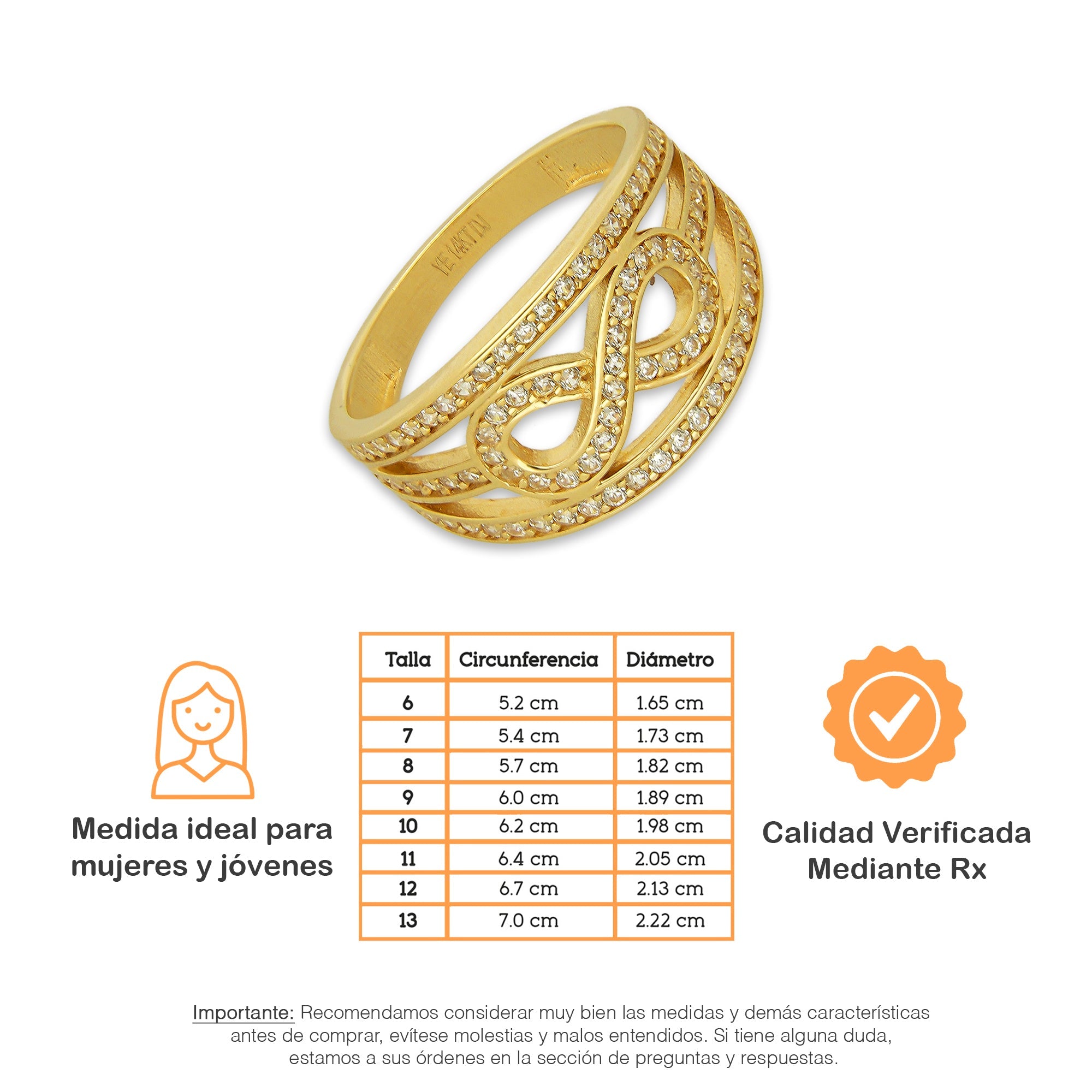 MR14AD037 Anillo Dama Oro Sólido 14K Modelo Infinito 3 Lineas con Zirconias