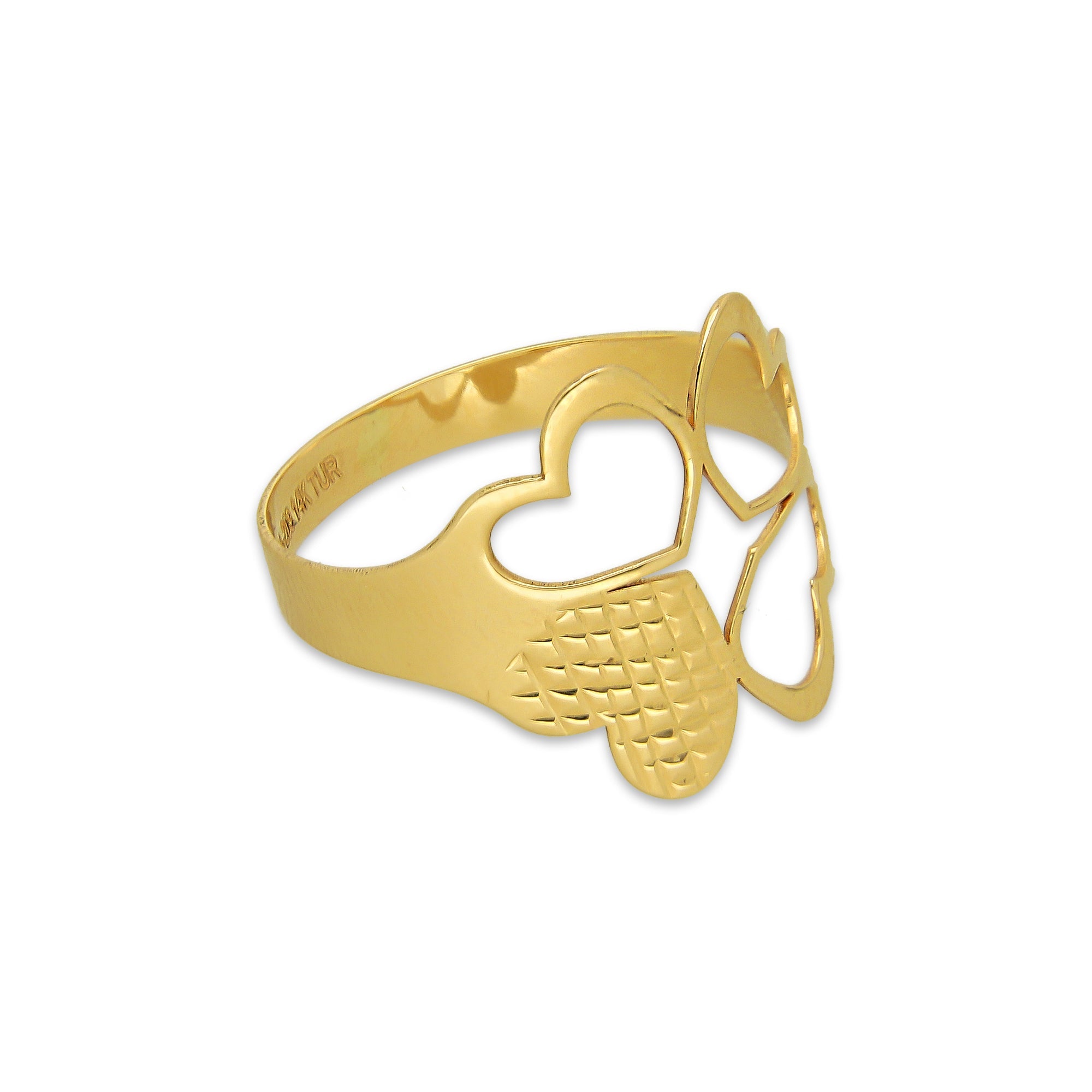 MR14AD040 Anillo Dama Oro Sólido 14K Modelo Trébol 4 Corazones 3 Calados 1 Diamantado