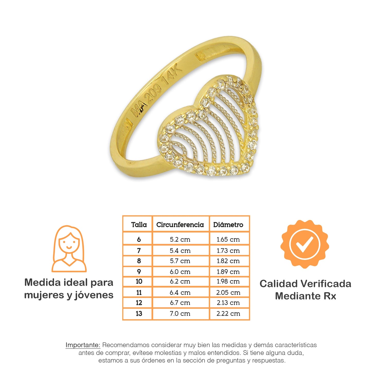 MR14AD041 Anillo Dama Oro Sólido 14K Modelo Corazón Ondas Filigrana con Zirconias