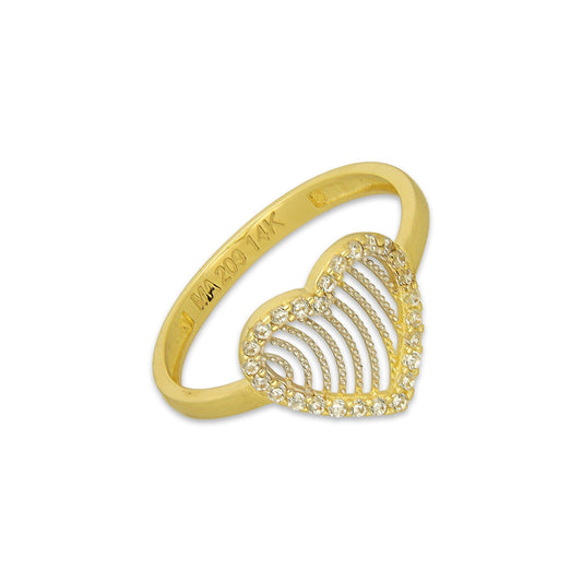 MR14AD041 Anillo Dama Oro Sólido 14K Modelo Corazón Ondas Filigrana con Zirconias