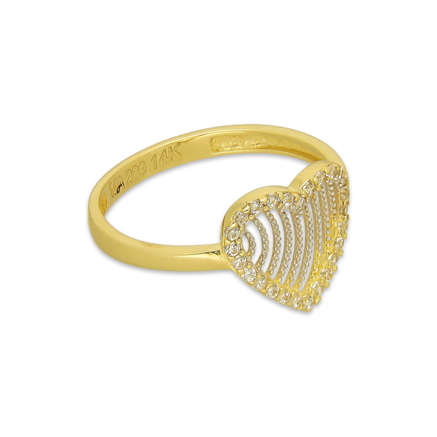 MR14AD041 Anillo Dama Oro Sólido 14K Modelo Corazón Ondas Filigrana con Zirconias
