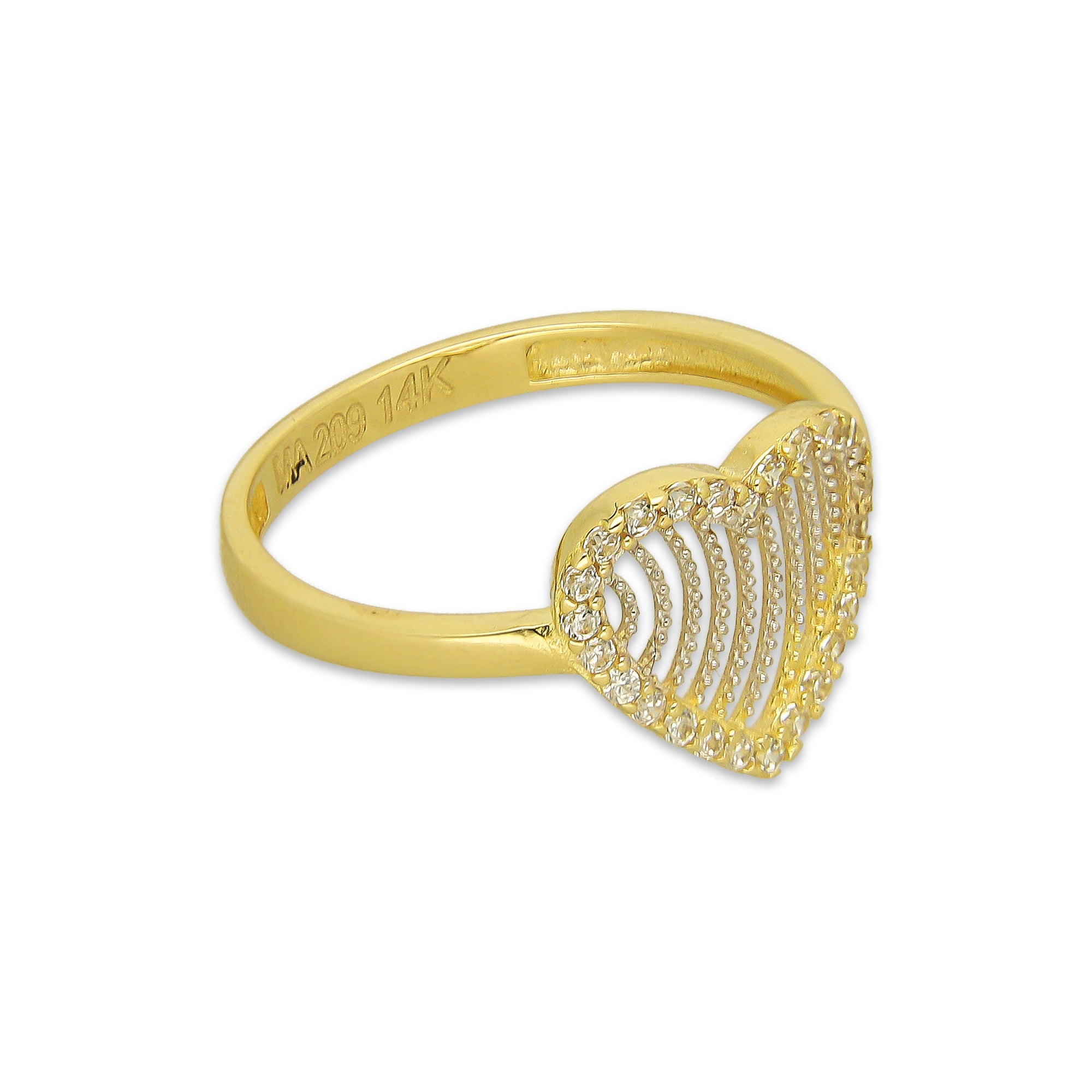 MR14AD041 Anillo Dama Oro Sólido 14K Modelo Corazón Ondas Filigrana con Zirconias