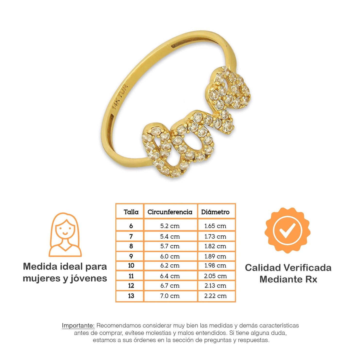 MR14AD042 Anillo Dama Oro Sólido 14K Modelo Love con Zirconias