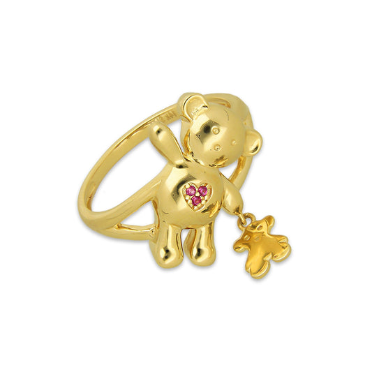 MR14AD044 Anillo Dama Oro Sólido 14K Modelo Oso Corazón Rojo con Osito Colgante