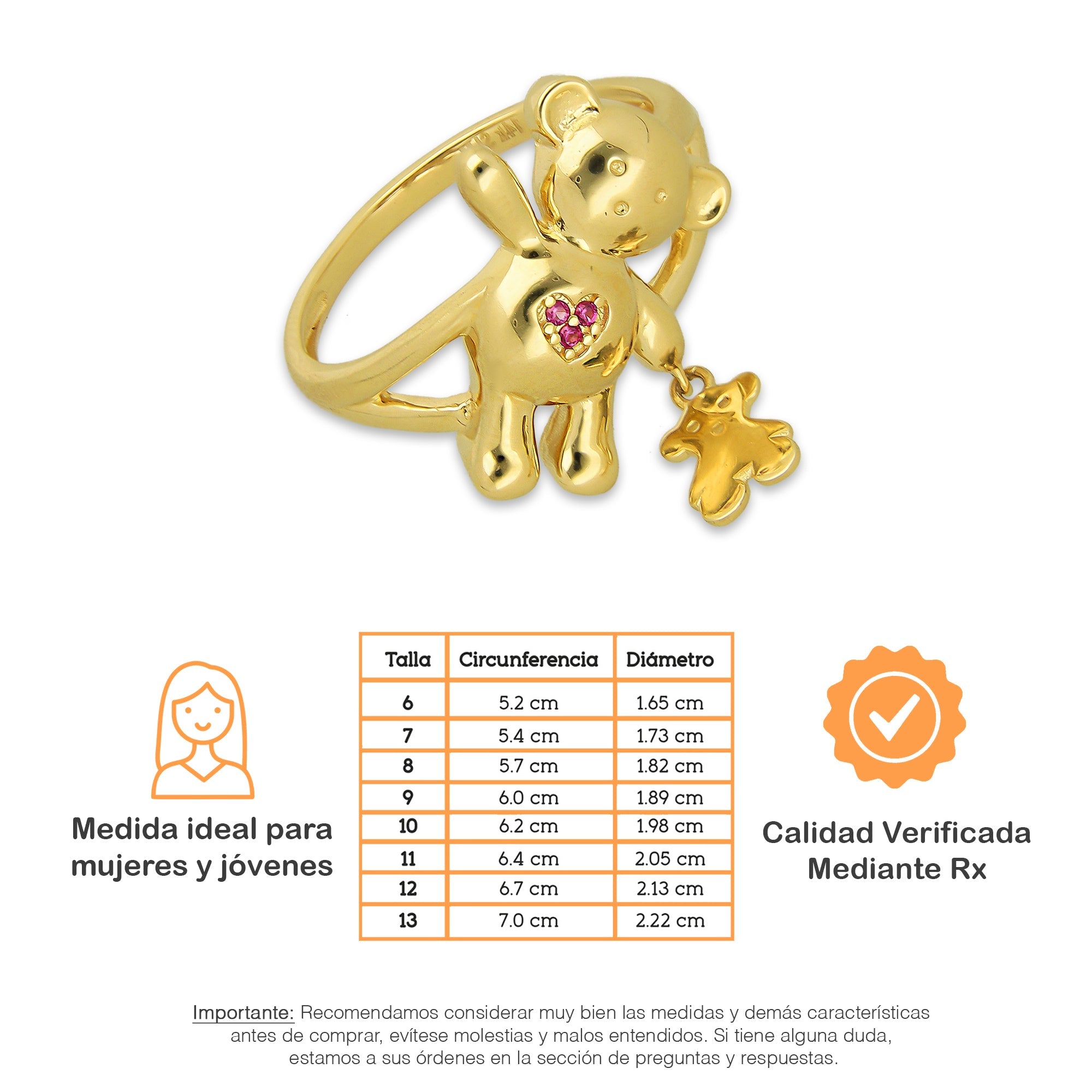 MR14AD044 Anillo Dama Oro Sólido 14K Modelo Oso Corazón Rojo con Osito Colgante
