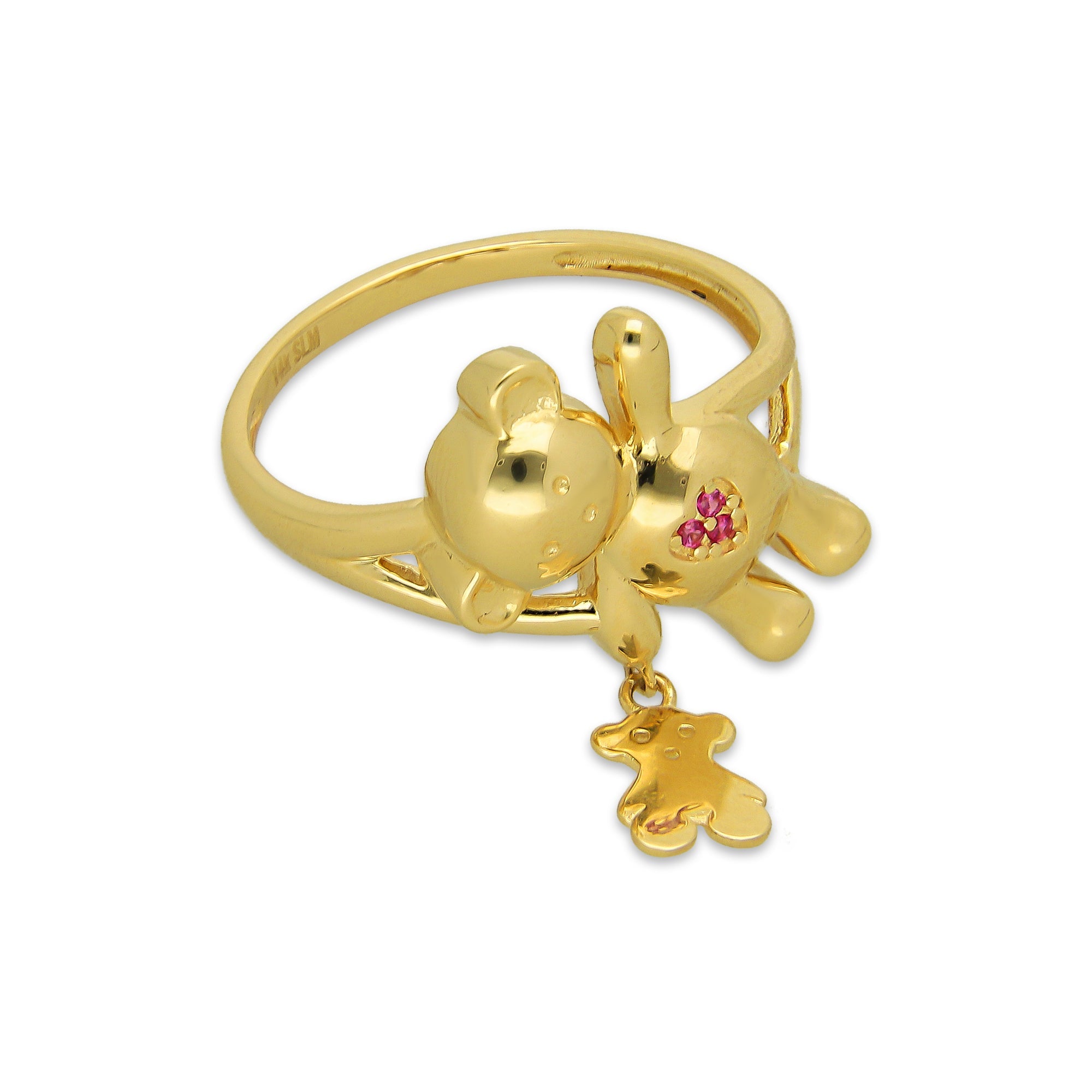 MR14AD044 Anillo Dama Oro Sólido 14K Modelo Oso Corazón Rojo con Osito Colgante