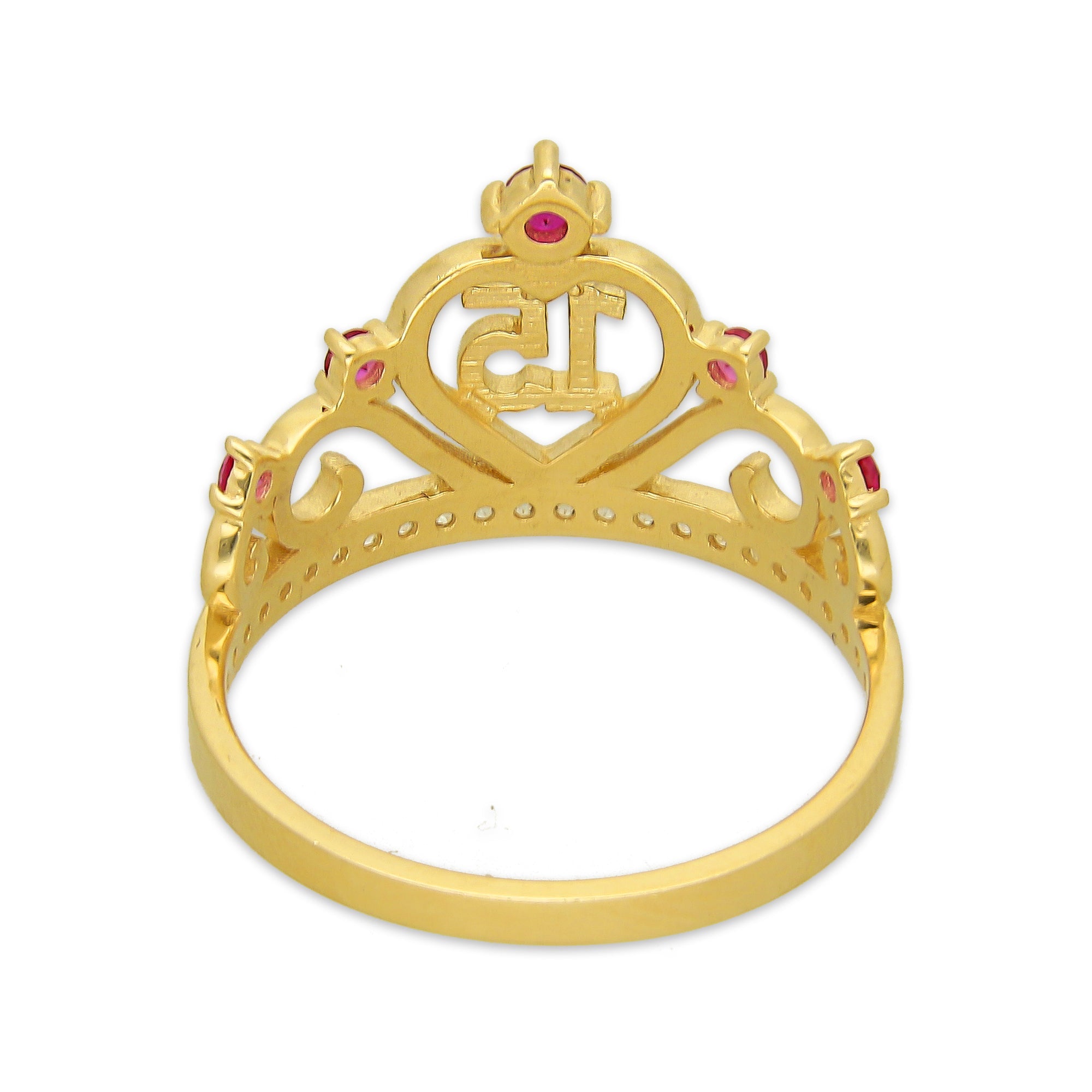 MR14AD049 Anillo Dama Oro Sólido 14K Modelo XV Años con Zirconias Rojas