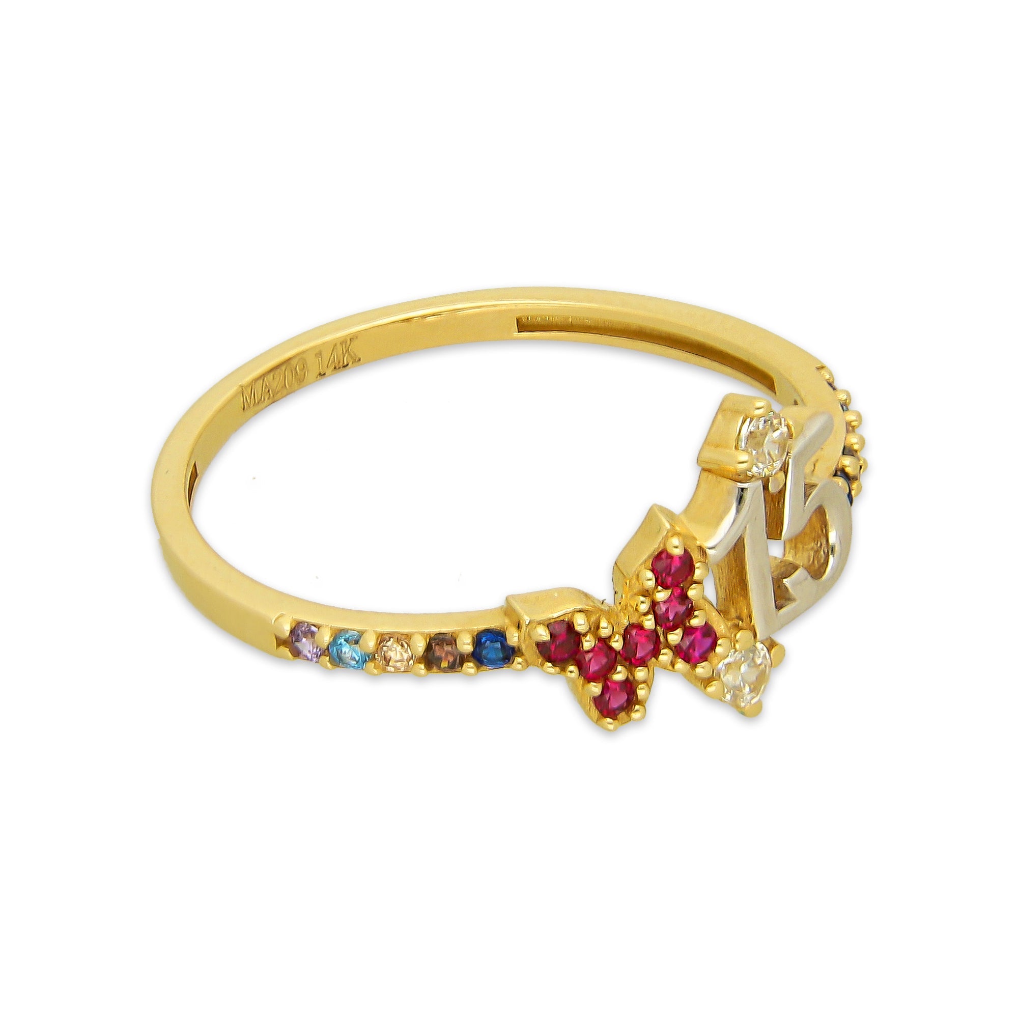 MR14AD051 Anillo Dama Oro Sólido 14K Modelo XV Años Tira Multicolor