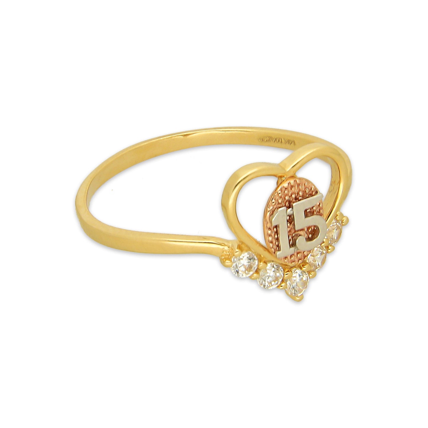 MR14AD053 Anillo Dama Oro Sólido 14K Modelo XV Años V Zirconias