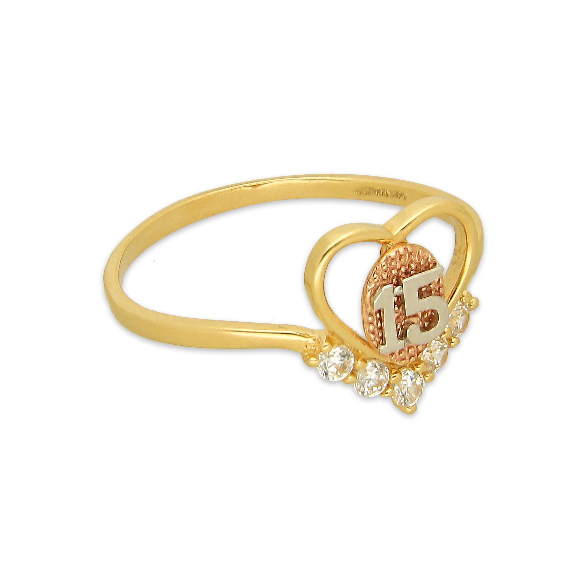 MR14AD053 Anillo Dama Oro Sólido 14K Modelo XV Años V Zirconias