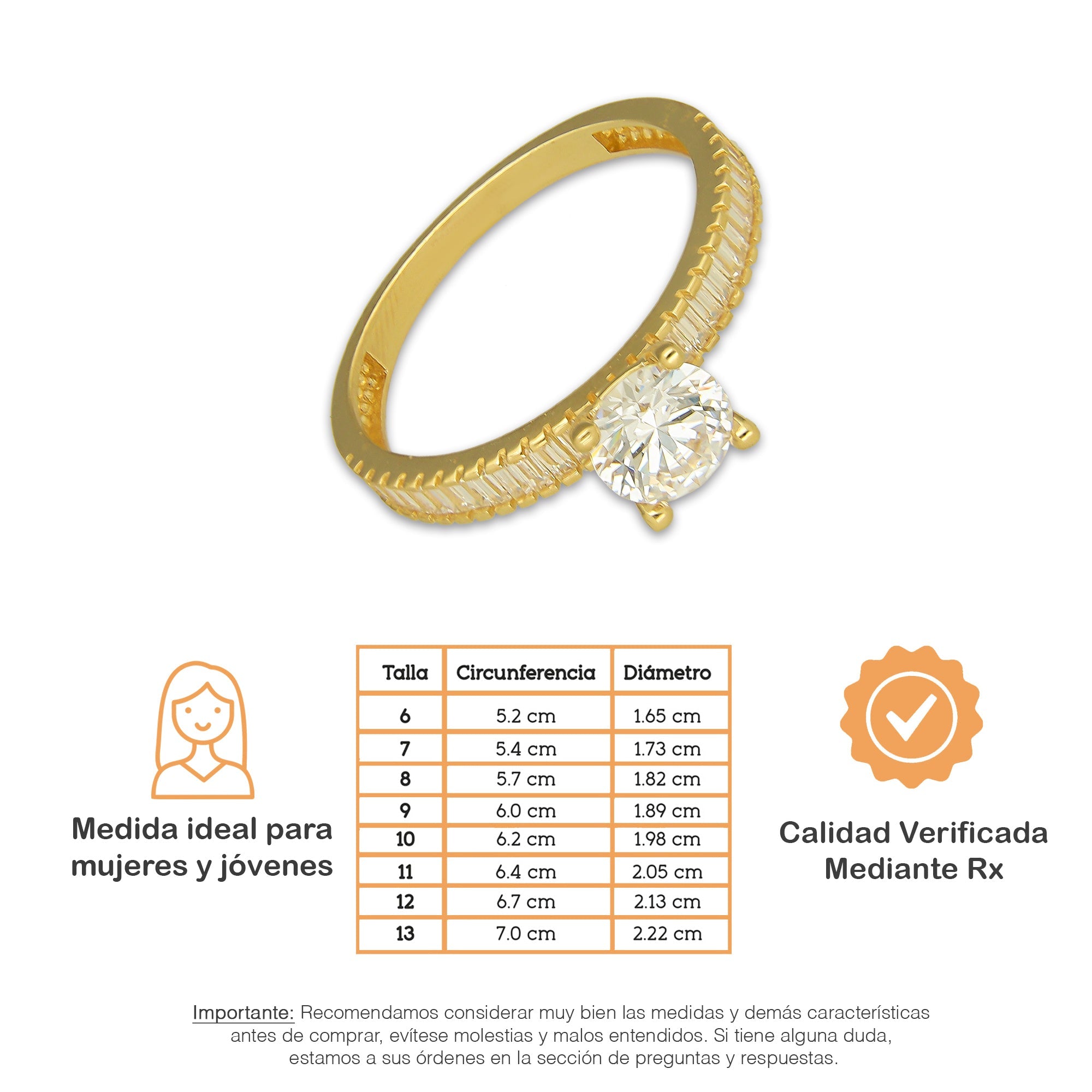MR14AD058 Anillo Dama Oro Sólido 14K Modelo Solitario Línea Baguettes 6 mm Zirconia Principal