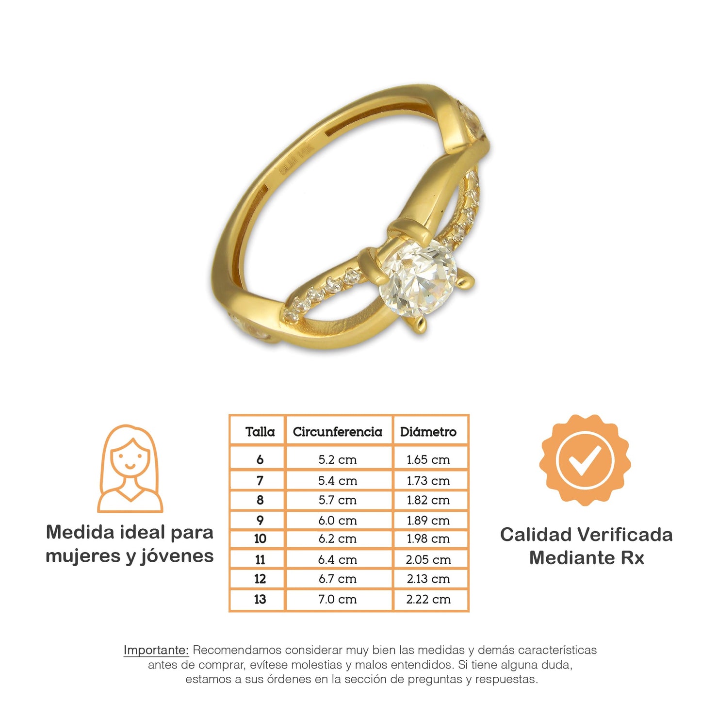 MR14AD061 Anillo Dama Oro Sólido 14K Modelo Solitario Ondas 5 mm Zirconia Principal