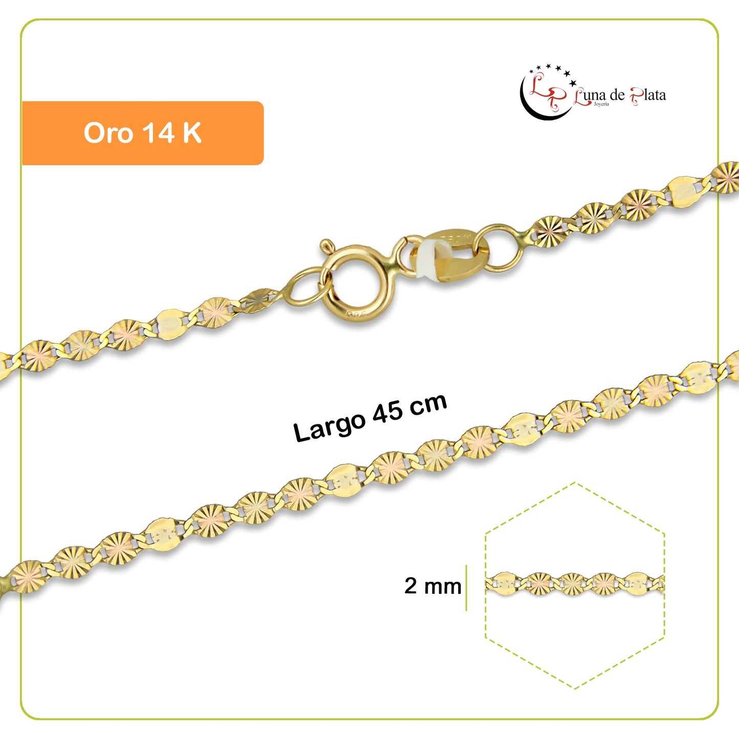 MR14CU020-45 Cadena Oro Sólido 14K Florentino EMC14 Modelo Ancla Diamantada 3 Eslabones Diamantados 1 Liso 2 mm x 45 cm