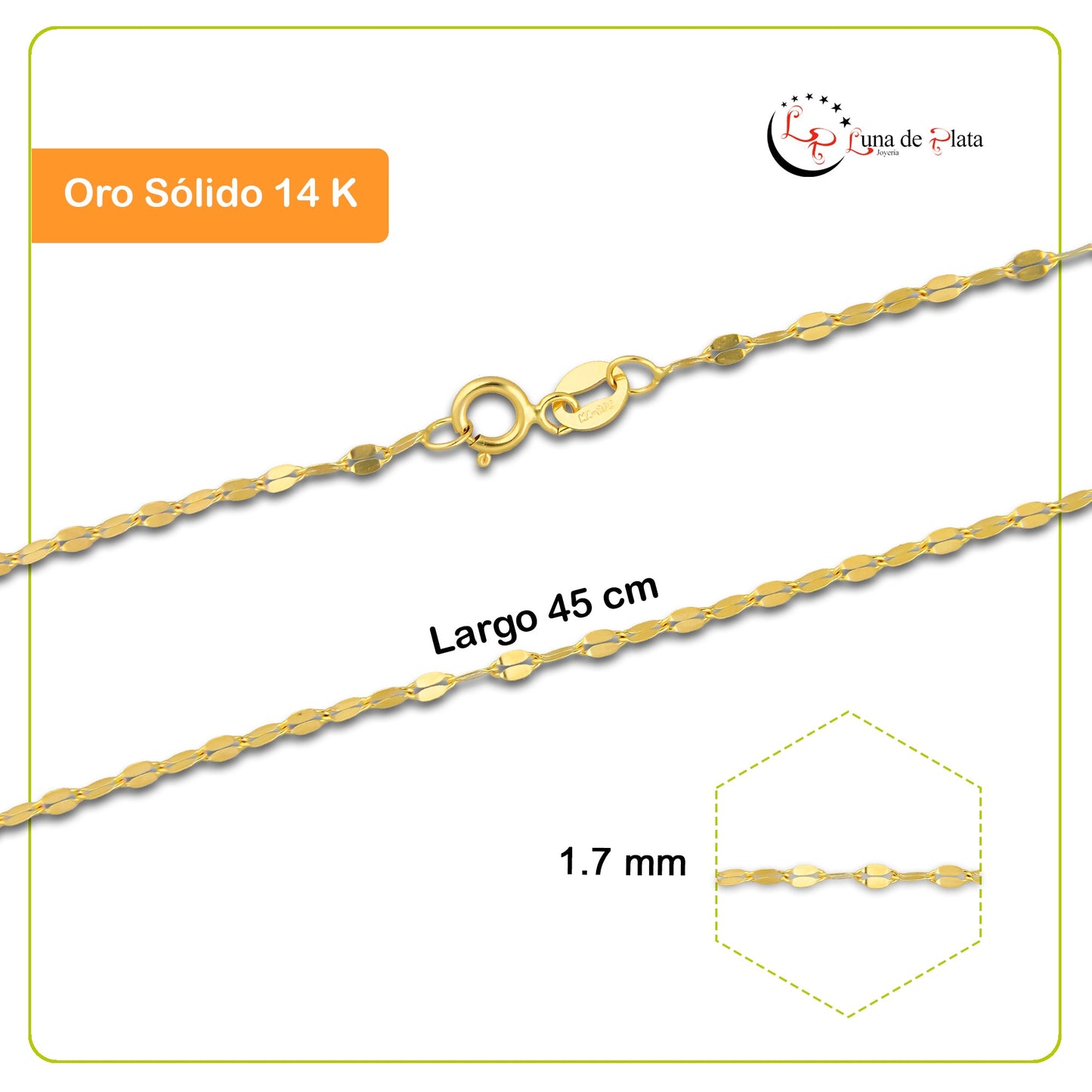 MR14CU027-45 Cadena Oro Sólido 14K Modelo Ancla Eslabon Largo 1.7 mm x 45 cm