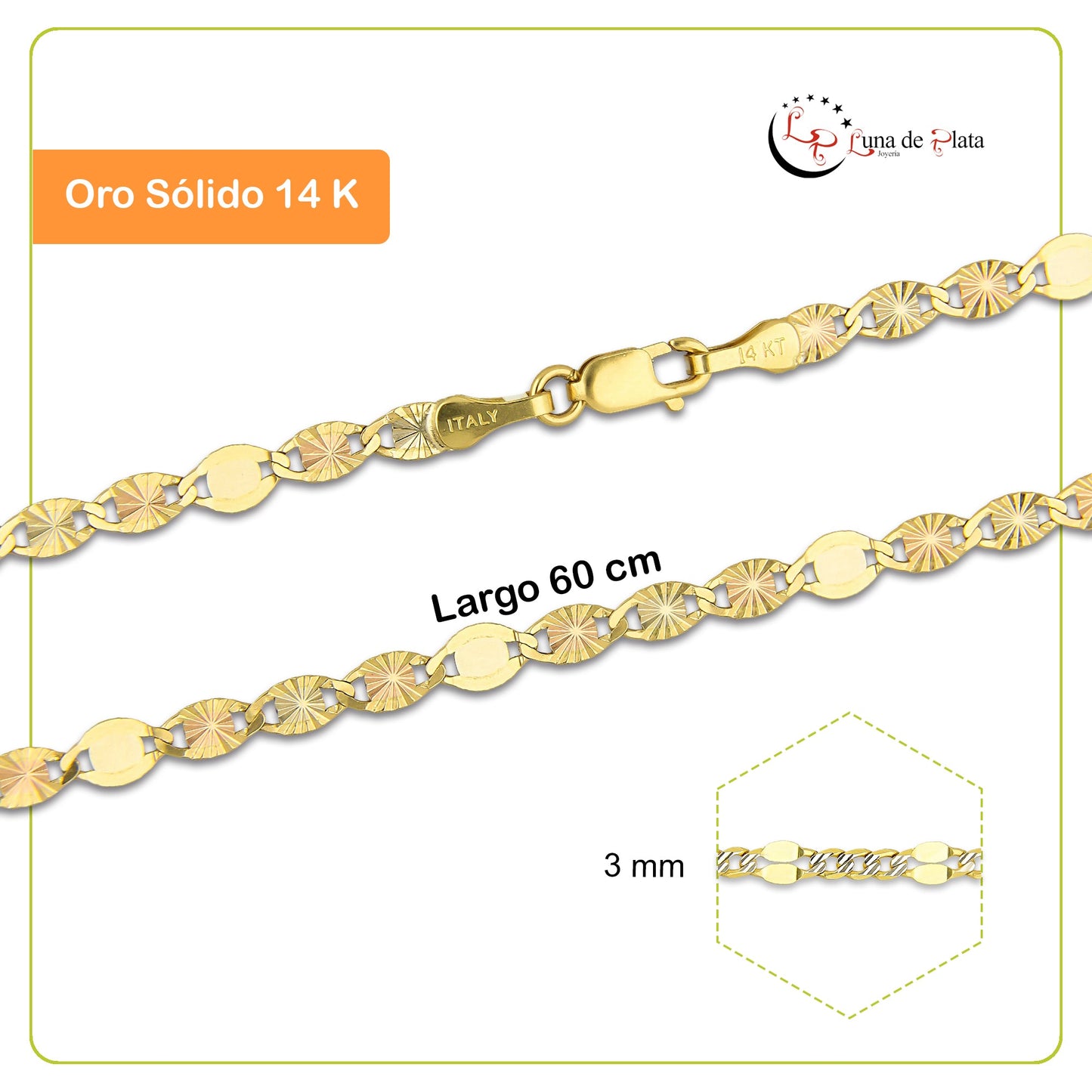 MR14CU043-60 Cadena Oro Sólido 14K EMC14 Modelo Florentino Ancla Diamantada 3 Eslabones Diamantados 1 Liso 3 mm x 60 cm