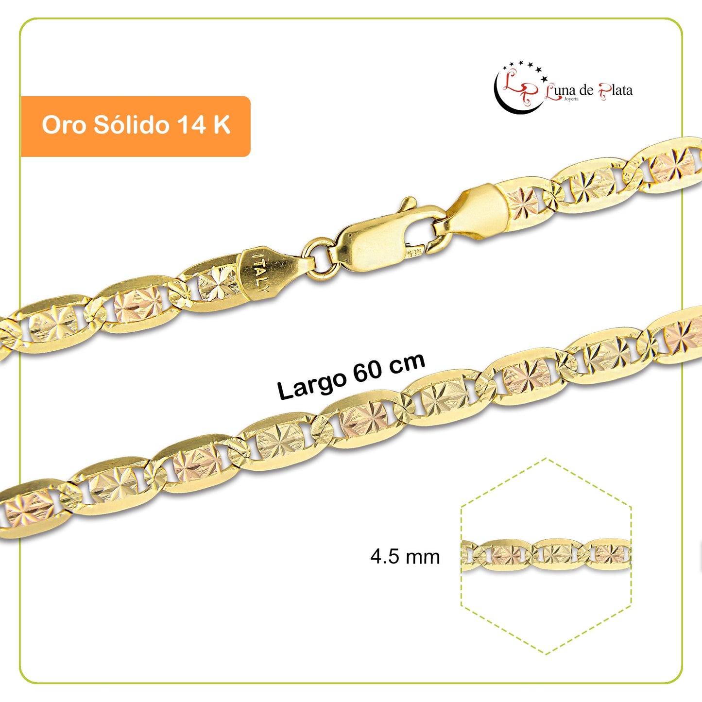 MR14CU045-60 Cadena Oro Sólido 14K EMC14 Modelo Ancla Plana Diamantado Estrella Florentino 4.5 mm x 60 cm