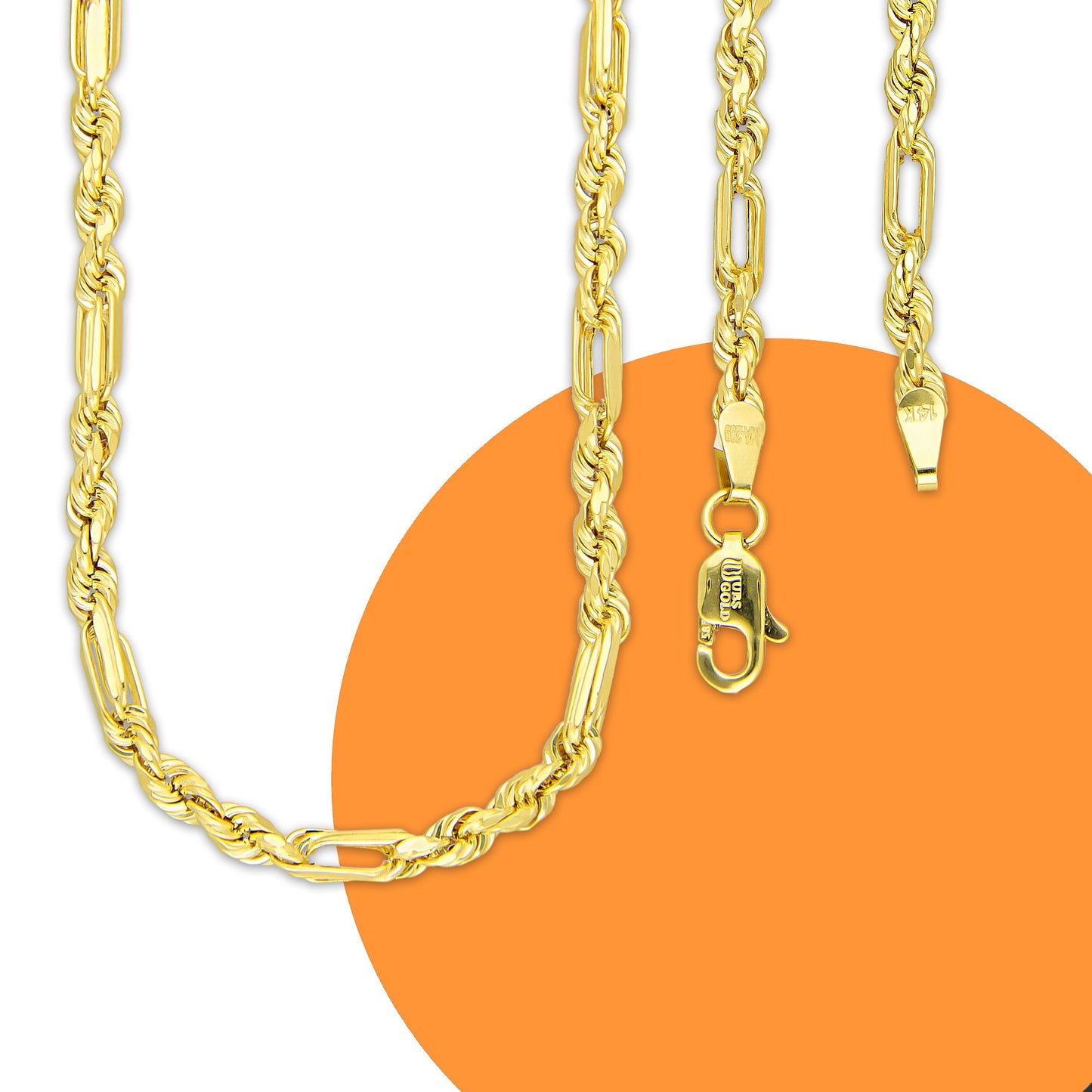 MR14CU048-60 Cadena Oro Sólido 14K EMF14 Modelo Torsal Figaro 3 mm x 60 cm