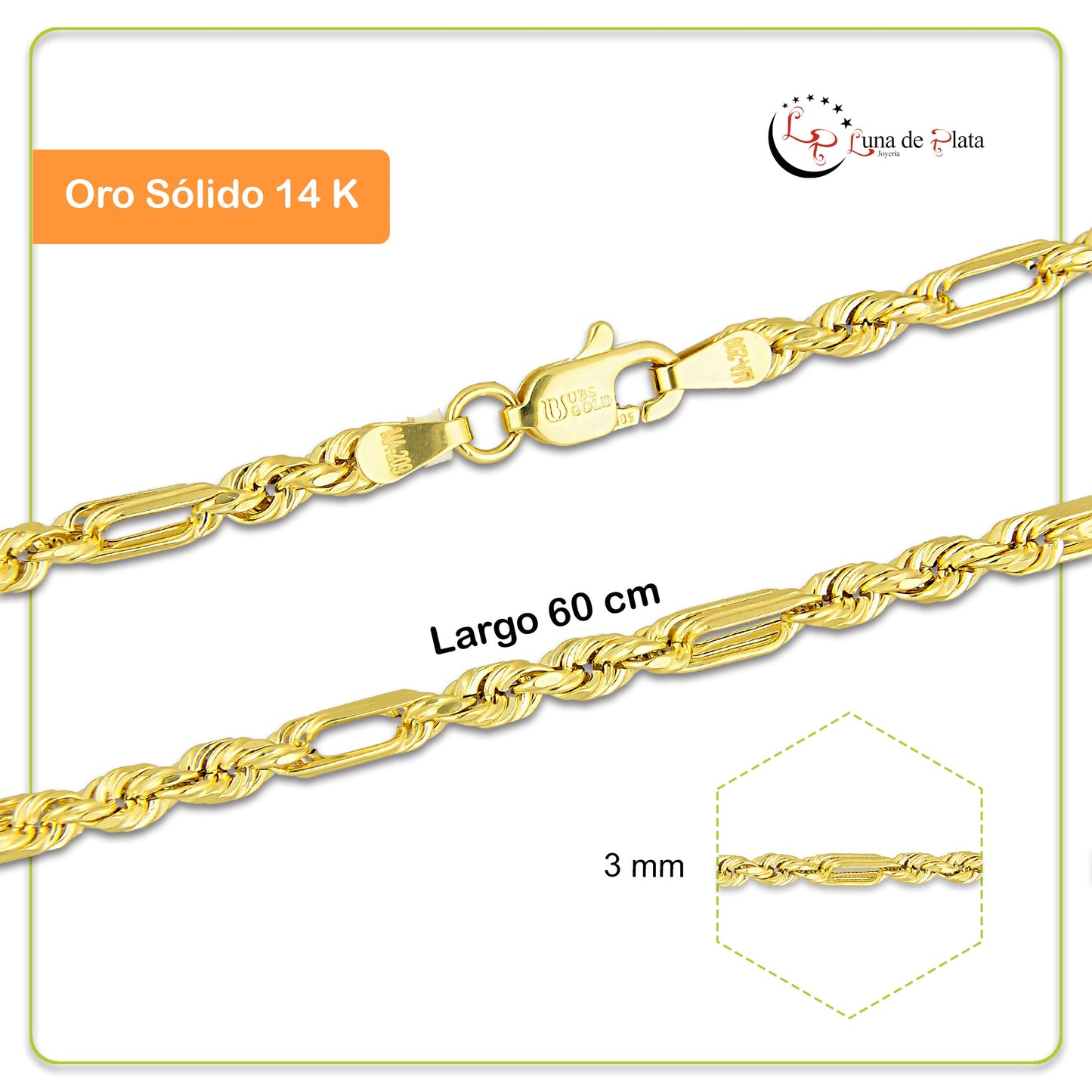 MR14CU048-60 Cadena Oro Sólido 14K EMF14 Modelo Torsal Figaro 3 mm x 60 cm