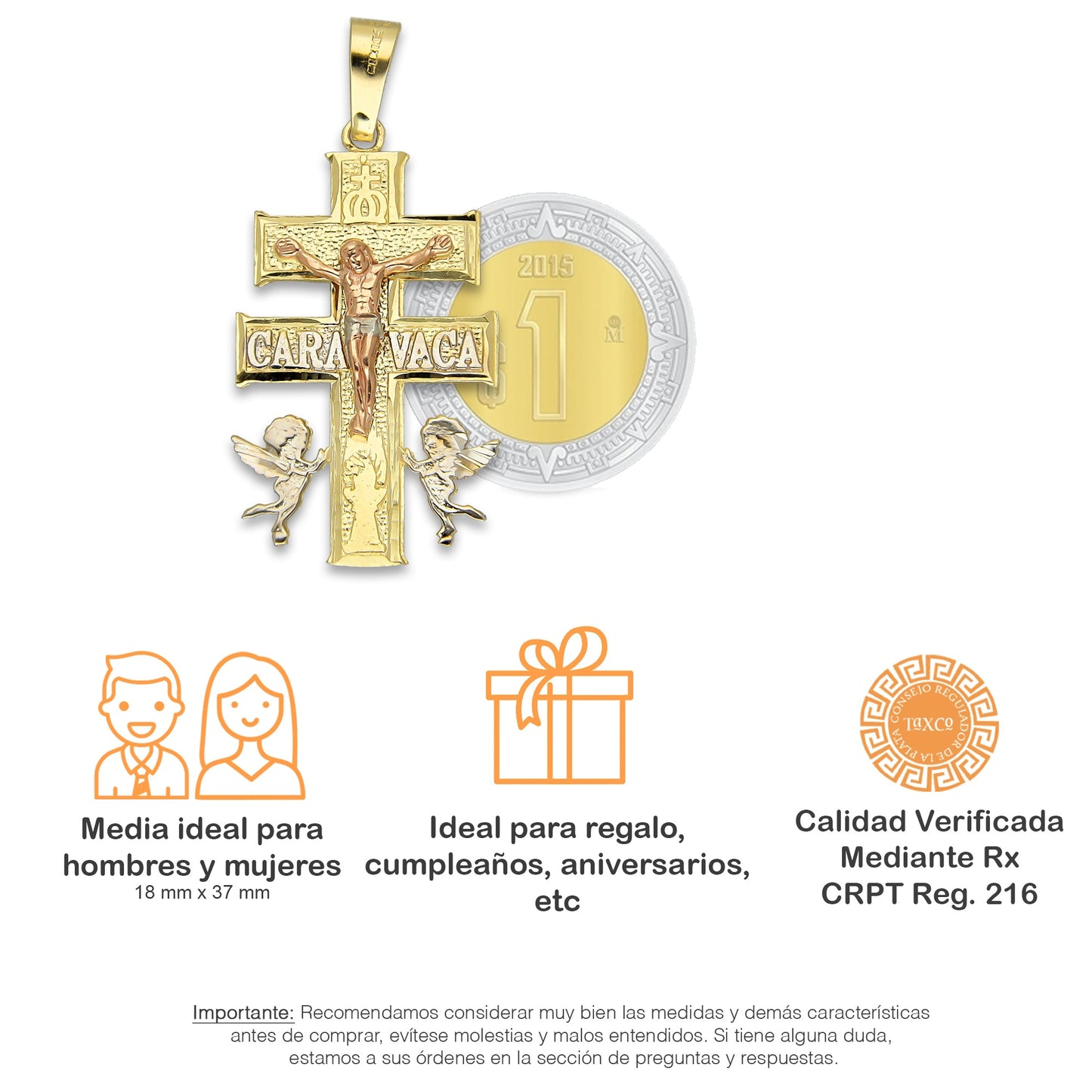 MR14DJ022 Dije Oro Sólido 14K Caravaca Cristo Cobrizo 1.8 x 3.7 cm