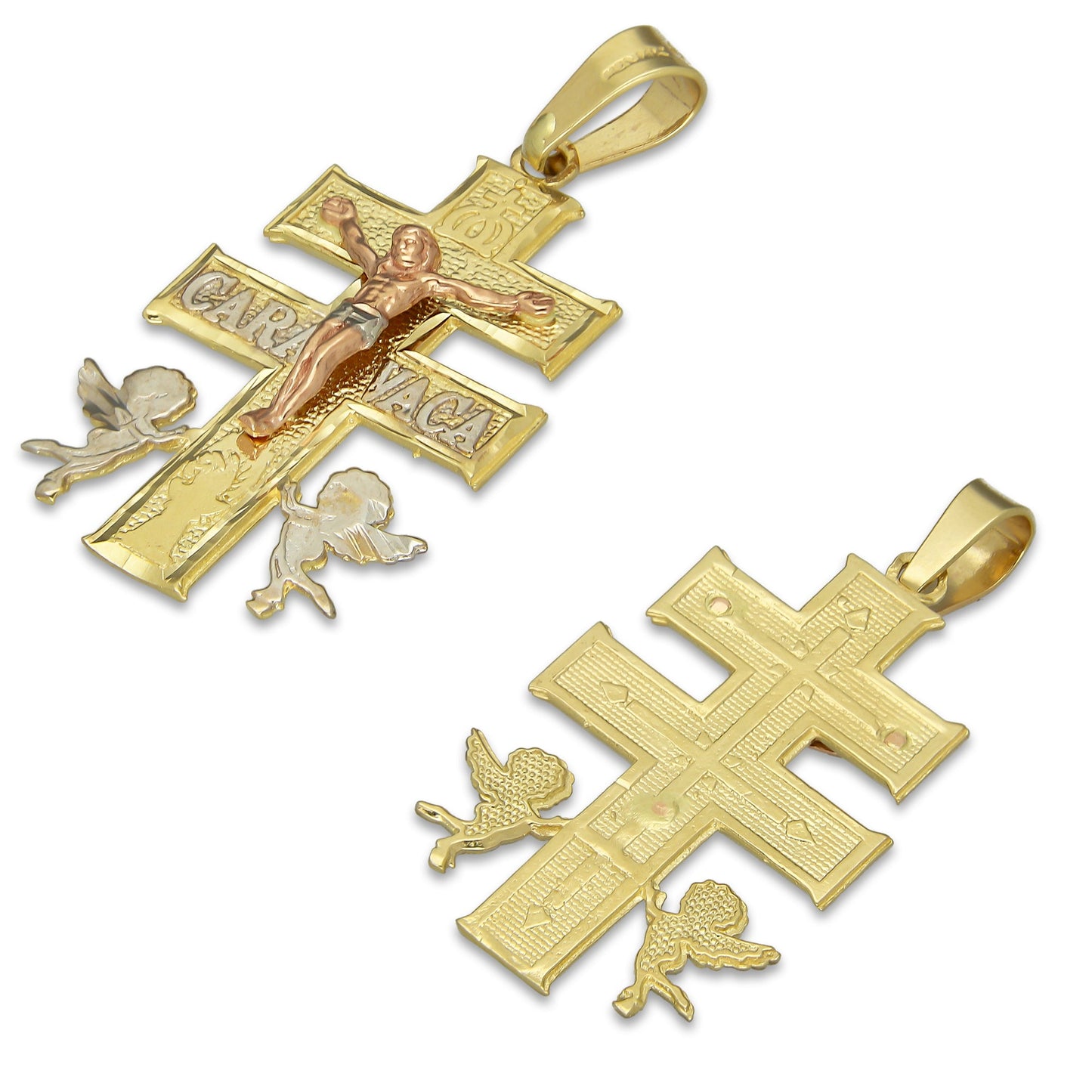 MR14DJ022 Dije Oro Sólido 14K Caravaca Cristo Cobrizo 1.8 x 3.7 cm