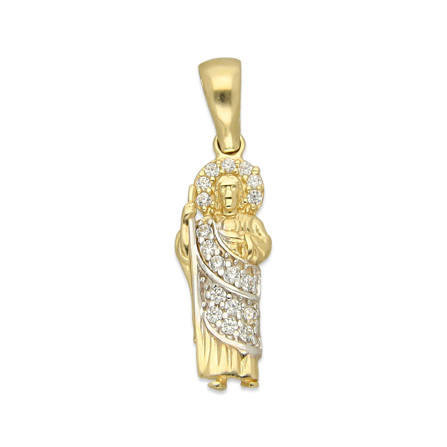 MR14DJ031 Dije Oro Sólido 14K Mini San Judas Manto Blanco con Zirconias 7 mm x 2.5 cm