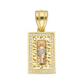 MR14DJ038 Dije Medalla Oro Sólido 14K Rectángulo San Judas Grecas 1.1 cm x 2.5 cm