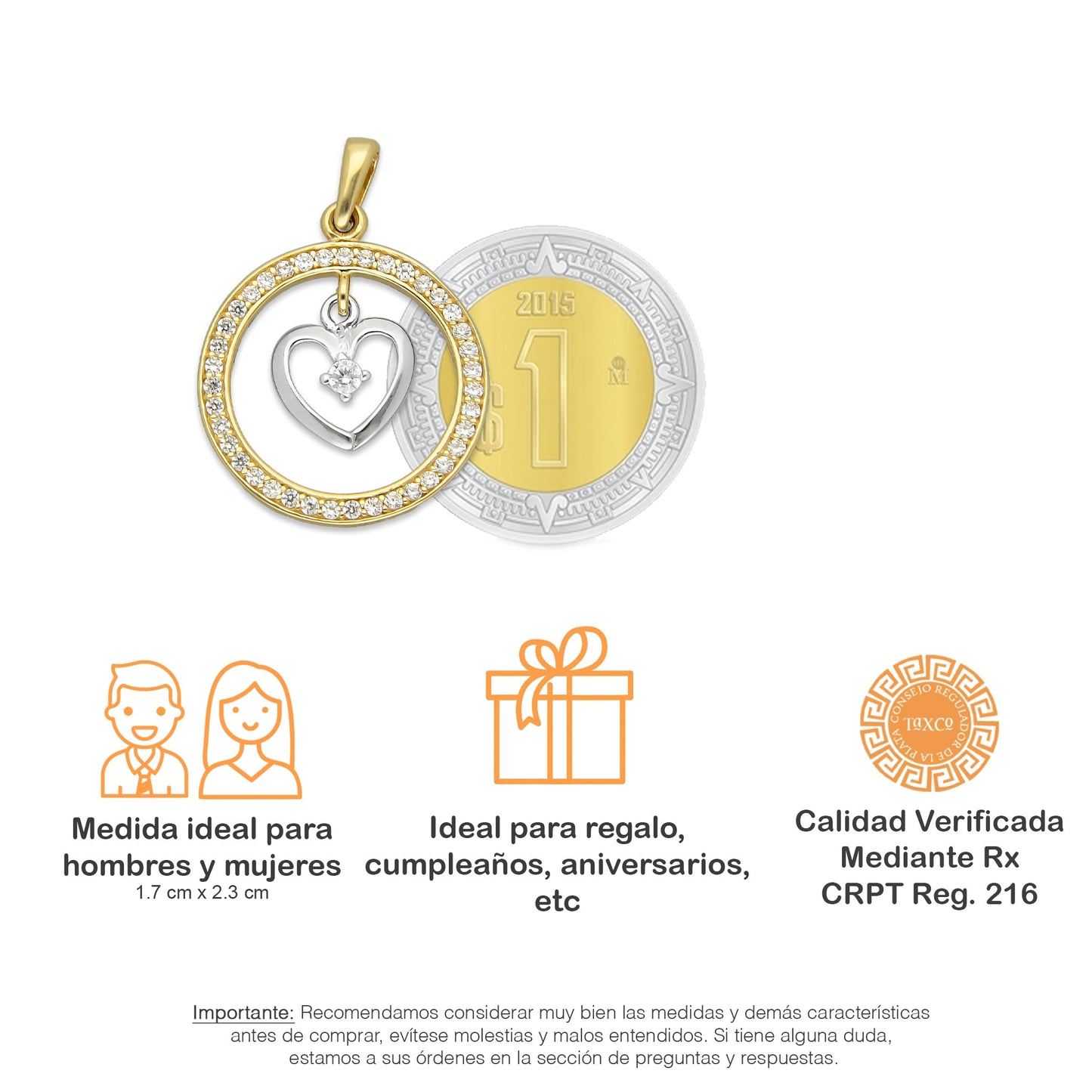 MR14DJ050 Dije Oro Sólido 14K Círculo Corazón con Zirconias 1.7 cm 2.3 cm