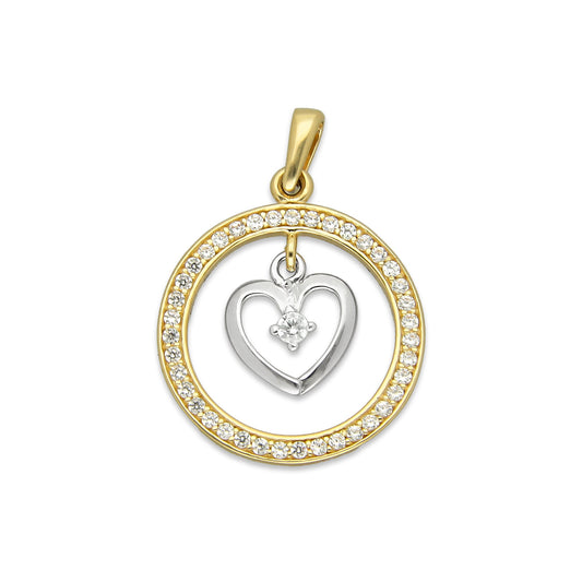 MR14DJ050 Dije Oro Sólido 14K Círculo Corazón con Zirconias 1.7 cm 2.3 cm