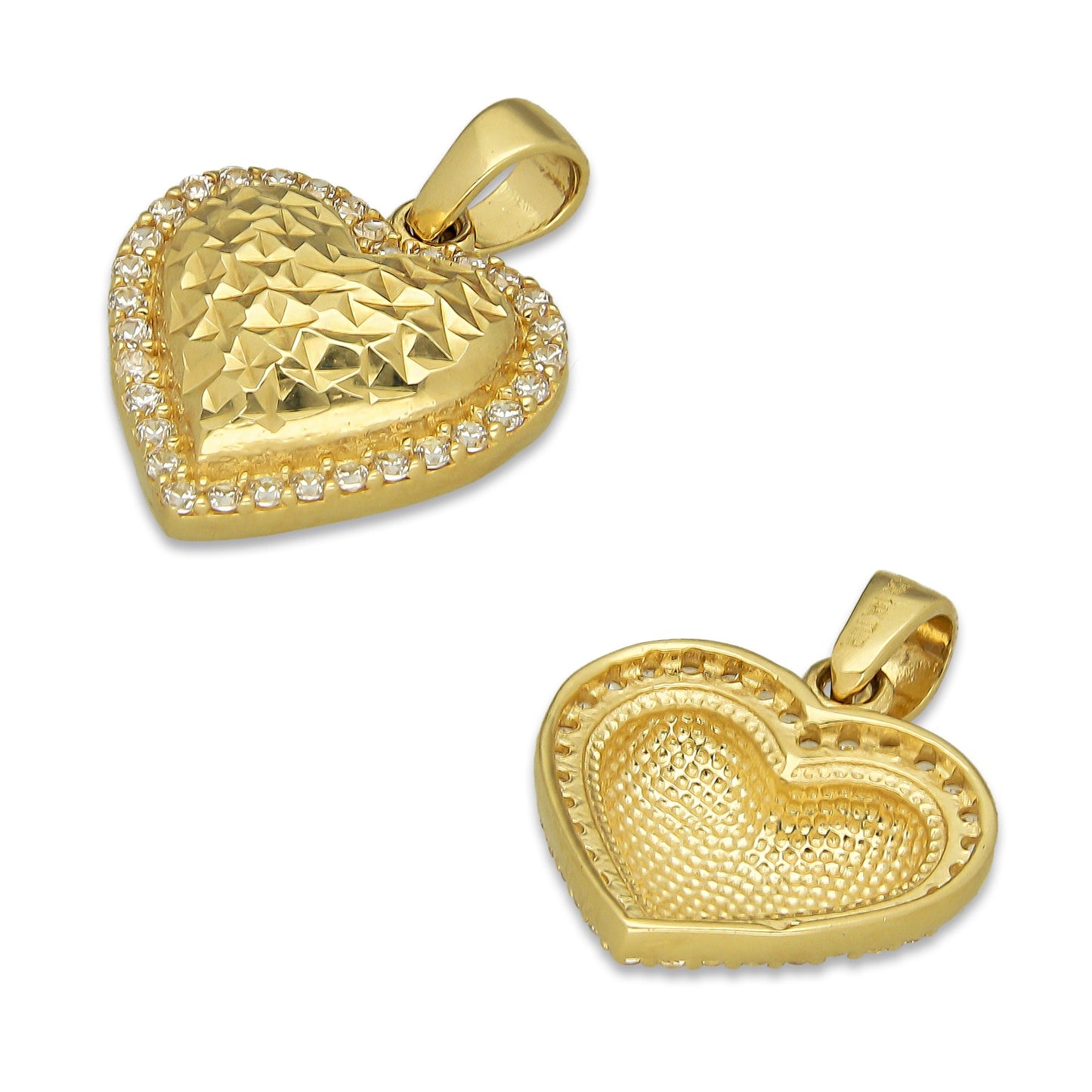 MR14DJ055 Dije Oro Sólido 14K Corazón Orillas con Zirconias 1.4 cm x 1.8 cm