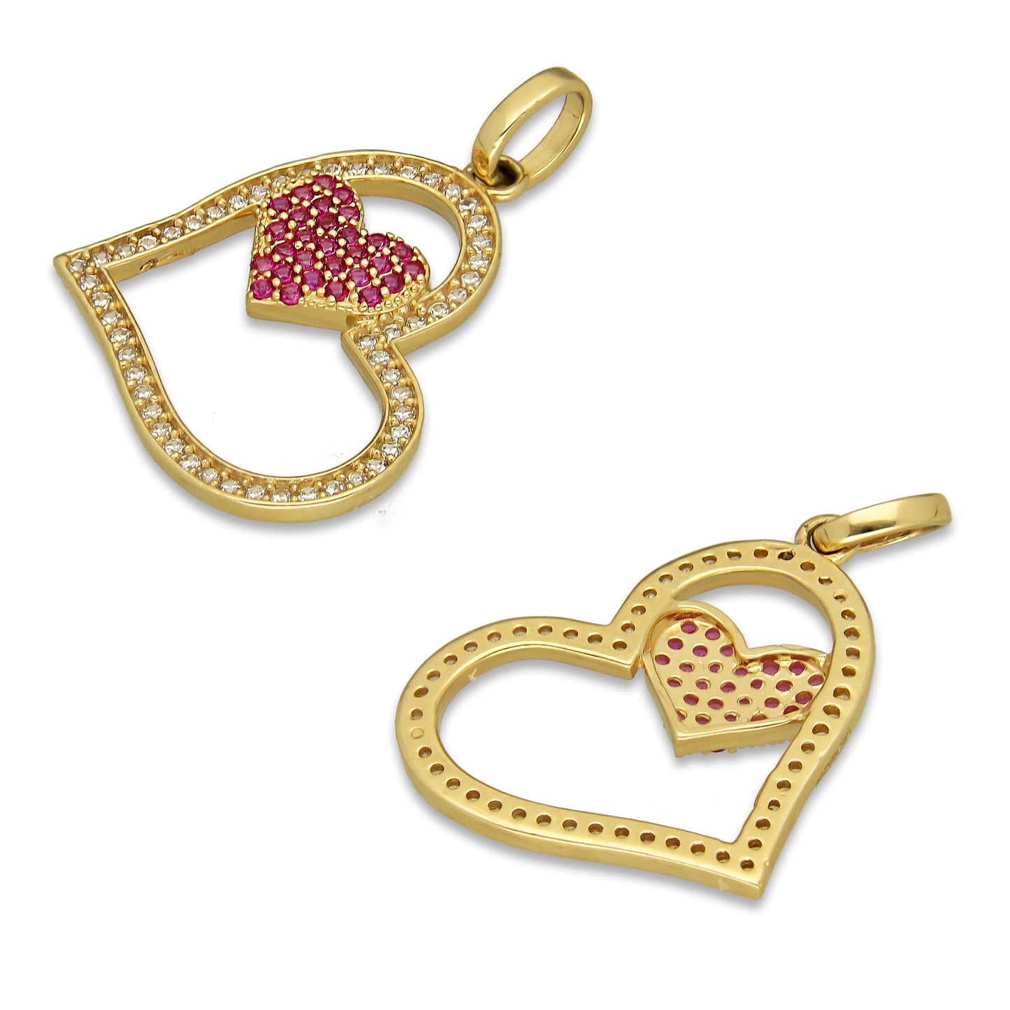 MR14DJ063 Dije Oro Sólido 14K Corazón Silueta con Corazón Pequeño Rosa 2.3 cm x 3 cm