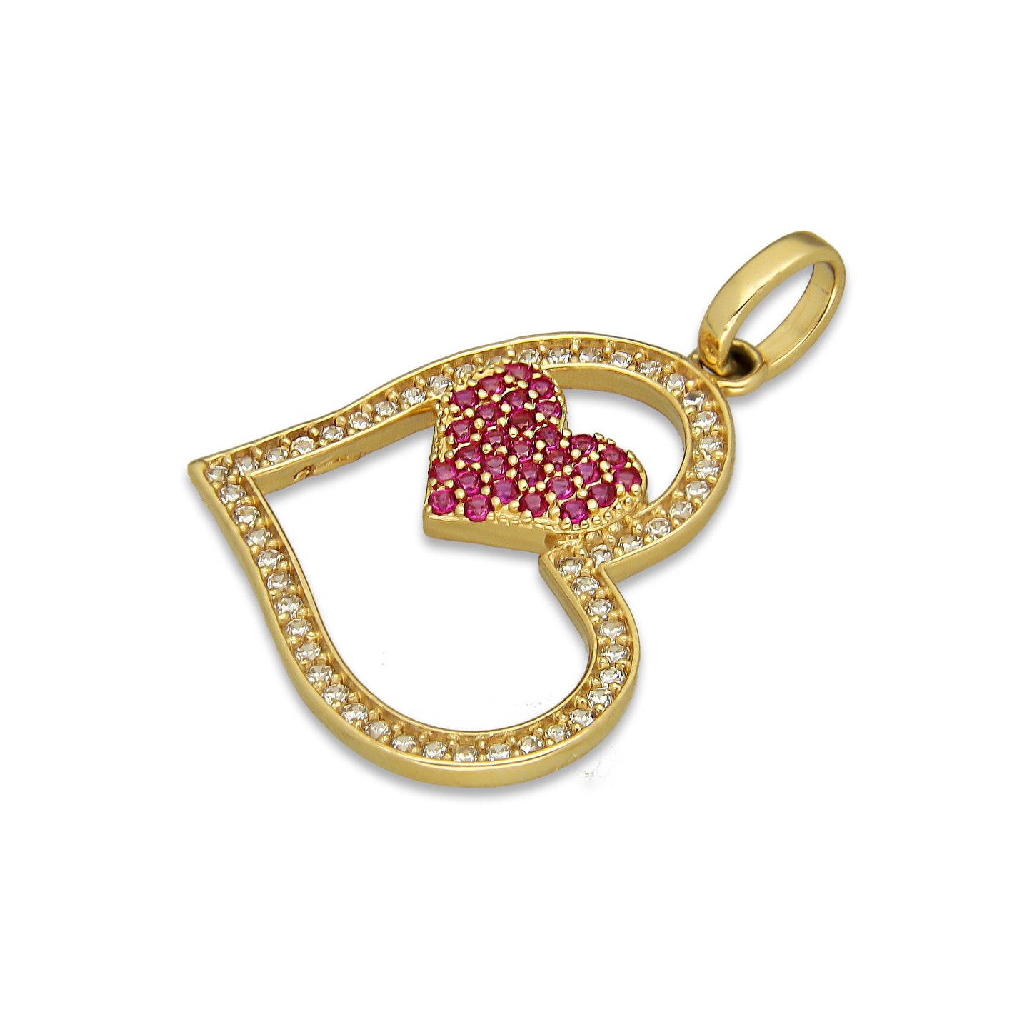 MR14DJ063 Dije Oro Sólido 14K Corazón Silueta con Corazón Pequeño Rosa 2.3 cm x 3 cm