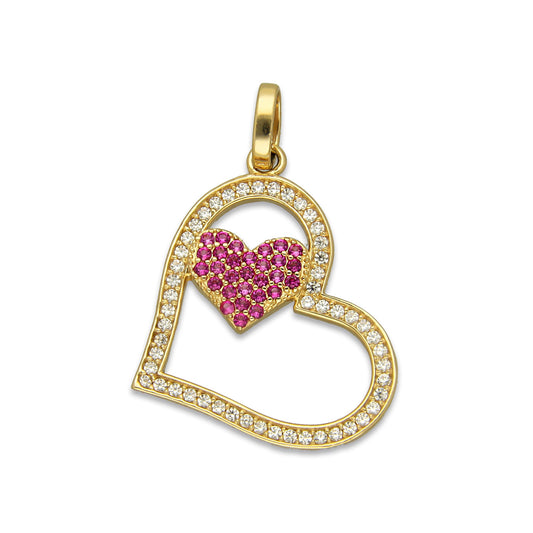 MR14DJ063 Dije Oro Sólido 14K Corazón Silueta con Corazón Pequeño Rosa 2.3 cm x 3 cm