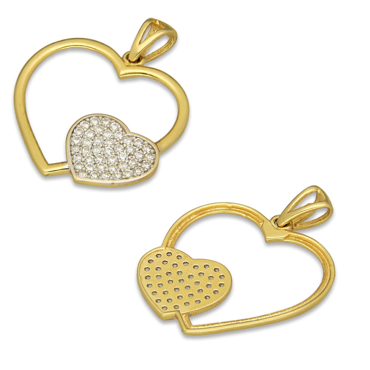 MR14DJ064 Dije Oro Sólido 14K Corazón Liso con Corazón Pequeño Pavé 2.2 cm x 2.7 cm