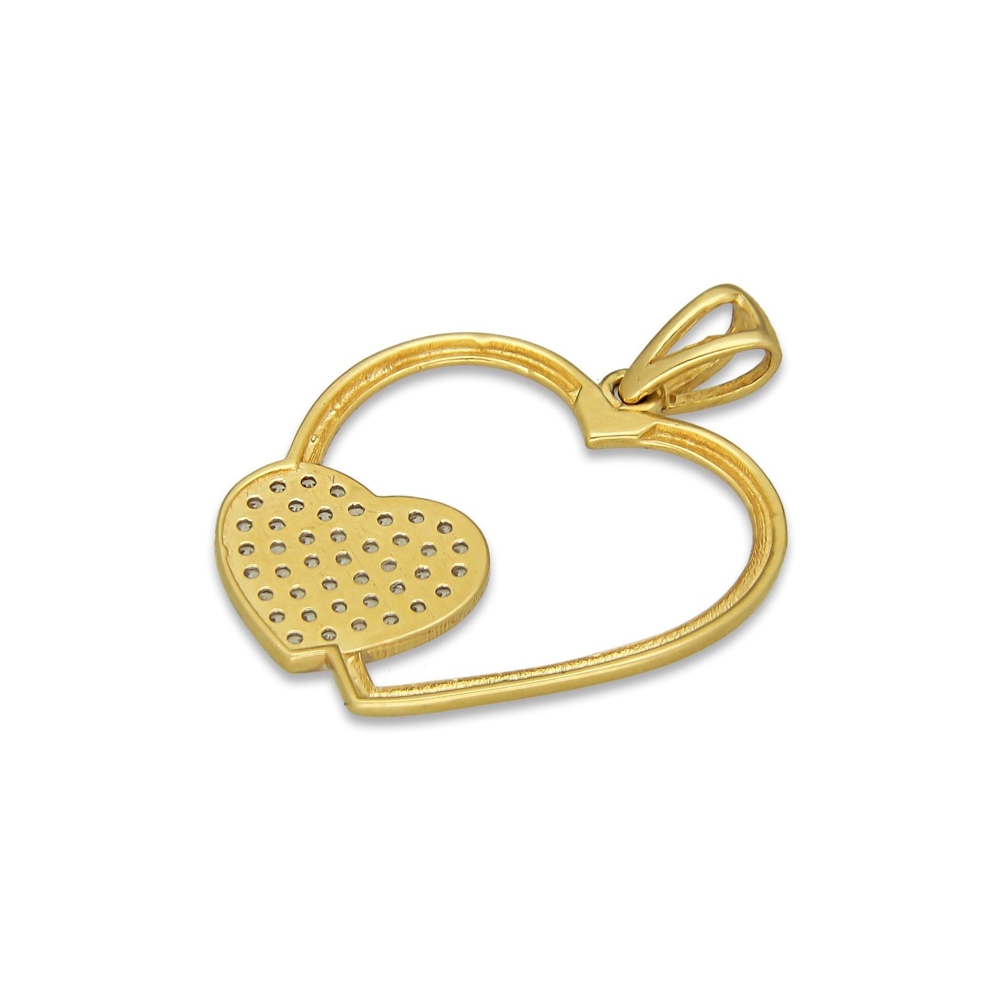 MR14DJ064 Dije Oro Sólido 14K Corazón Liso con Corazón Pequeño Pavé 2.2 cm x 2.7 cm