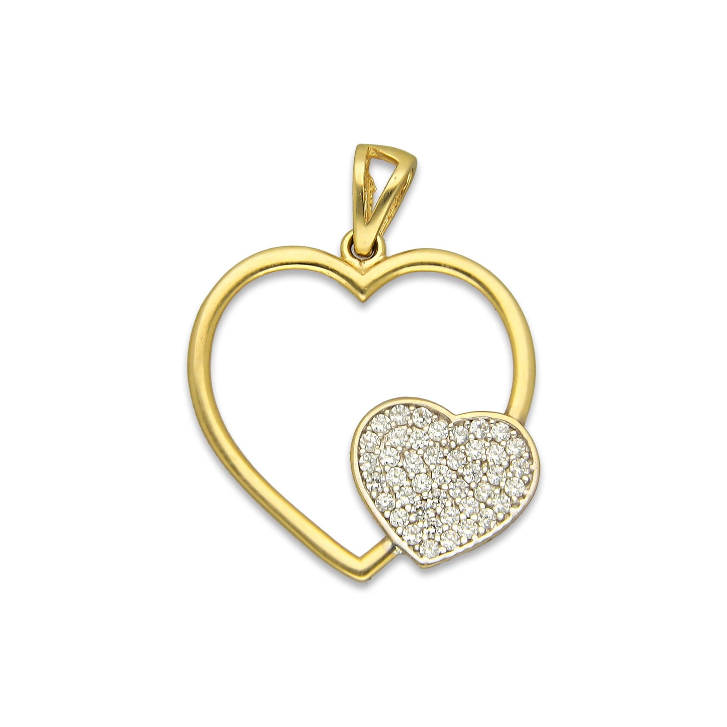 MR14DJ064 Dije Oro Sólido 14K Corazón Liso con Corazón Pequeño Pavé 2.2 cm x 2.7 cm