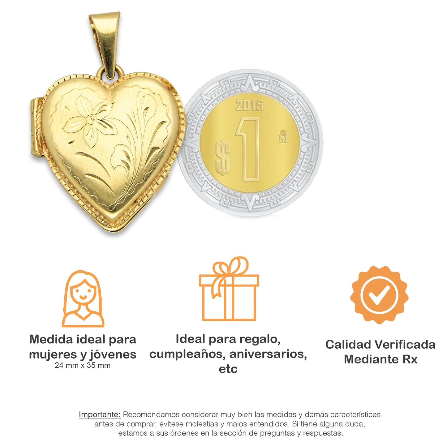 MR14DJ067 Dije Oro Sólido 14K Corazón Portaretratos Bombeado Liso 2.4 cm x 3.5 cm