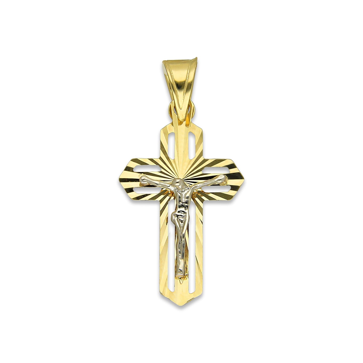 MR14DJ068 Dije Oro Sólido 14K EM14 Crucifijo Cristo Destello 1.4 cm x 3 cm