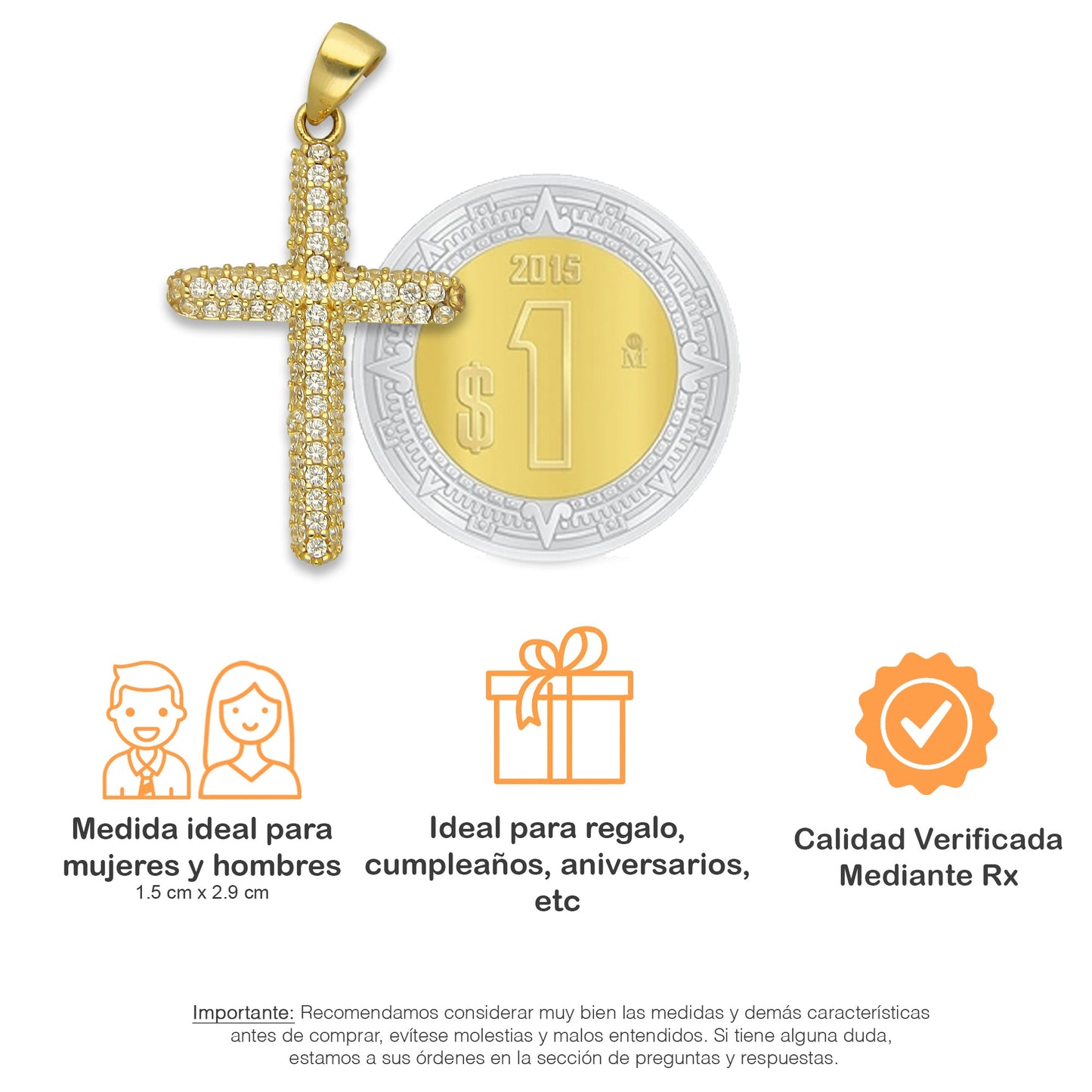 MR14DJ069 Dije Oro Sólido 14K EM14 Crucifijo Tubular Pavé 1.5 cm x 2.9 cm