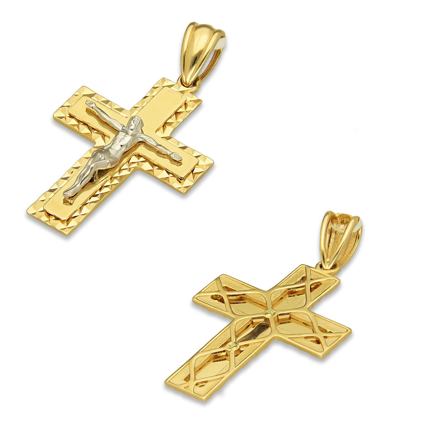 MR14DJ070 Dije Oro Sólido 14K EM14 Crucifijo Cristo Blanco Orilla Diamantada 1.8 cm x 3.2 cm