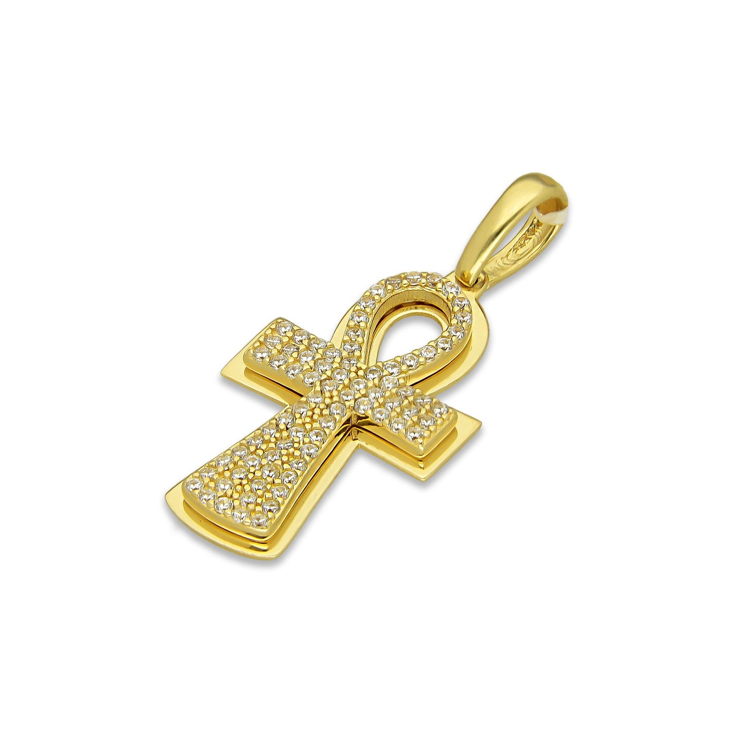 MR14DJ071 Dije Oro Sólido 14K EM14 Cruz Egipcia Pavé 1.6 cm x 3.4 cm