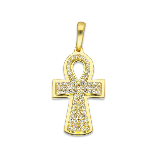 MR14DJ071 Dije Oro Sólido 14K EM14 Cruz Egipcia Pavé 1.6 cm x 3.4 cm