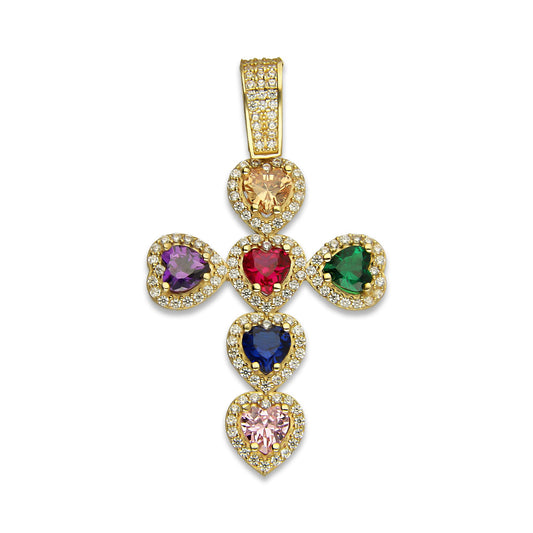 MR14DJ075 Dije Oro Sólido 14K EM14 Crucifijo Corazones Multicolor 2.5 cm x 4.5 cm