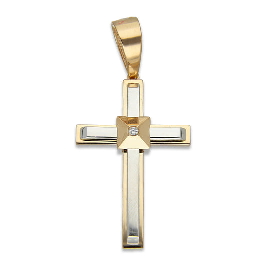 MR14DJ076 Dije Oro Sólido 14K EM14 Cruz Pirámide Lisa 2.6 cm x 5.6 cm