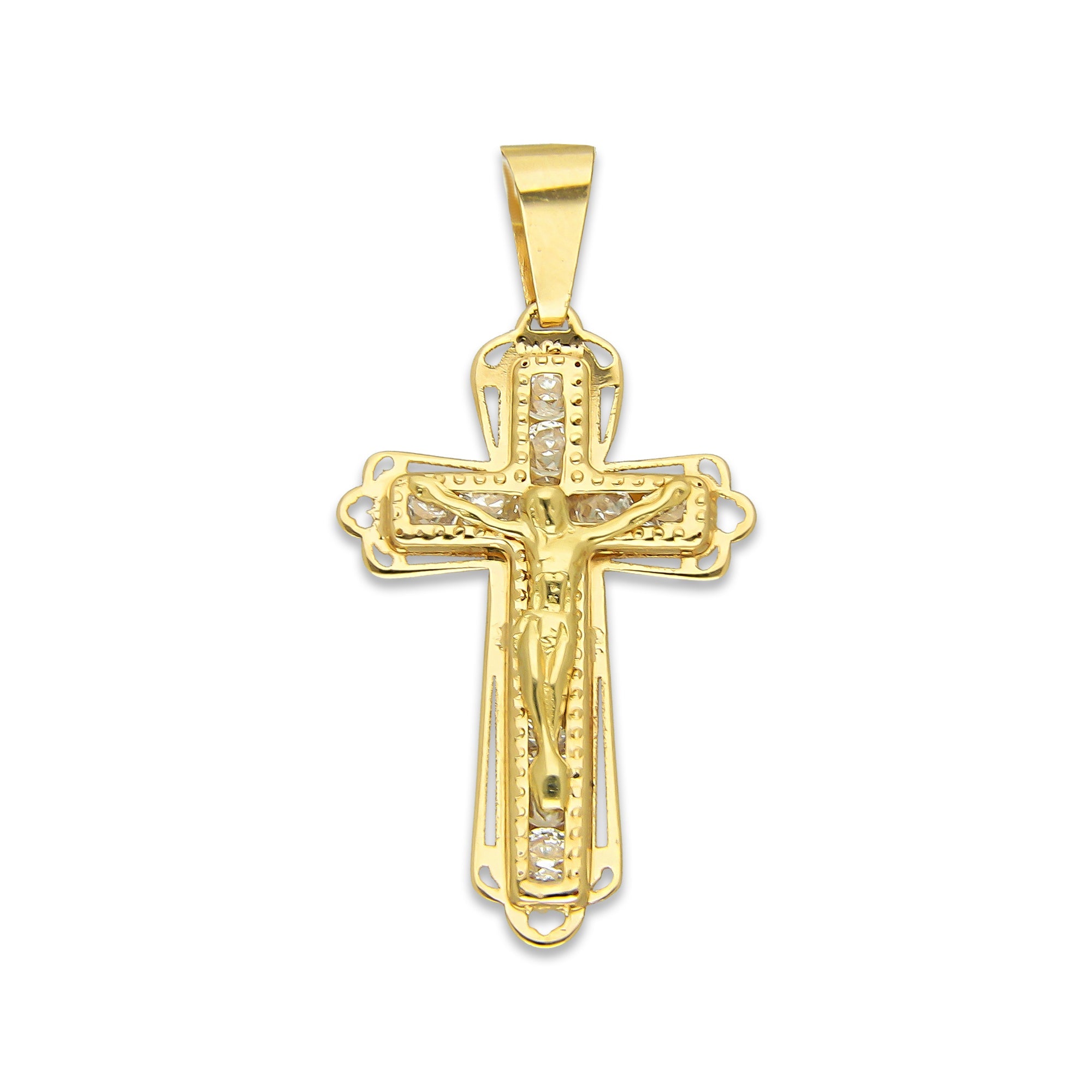 MR14DJ079 Dije Oro Sólido 14K EM14 Crucifijo Filigrana Tamaño 1 1.6 cm x 3.1 cm