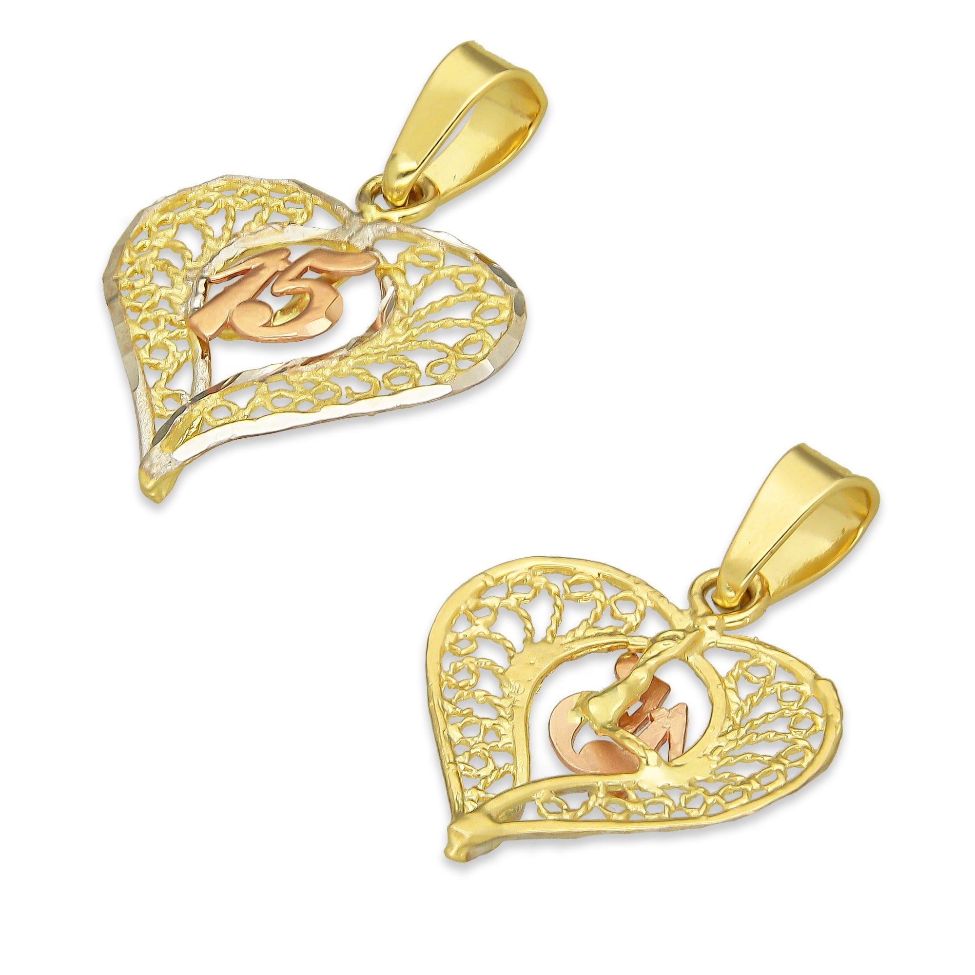 MR14DJ086 Dije Oro Sólido 14K Corazón Filigrana 15 Años 1.7 cm x 2.5 cm