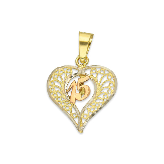 MR14DJ086 Dije Oro Sólido 14K Corazón Filigrana 15 Años 1.7 cm x 2.5 cm