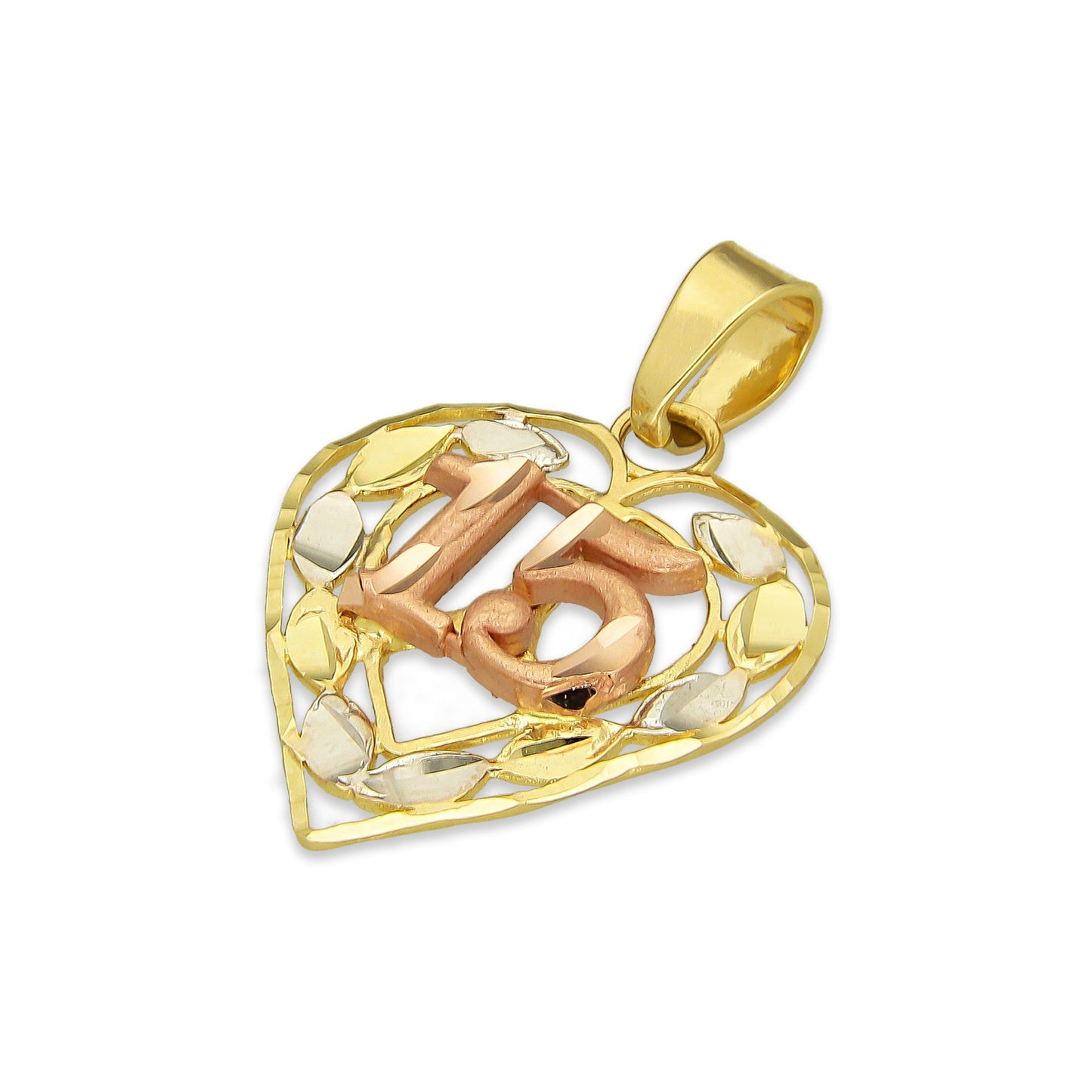MR14DJ087 Dije Oro Sólido 14K Corazón Hojas 15 Años 1.7 cm x 2.6 cm