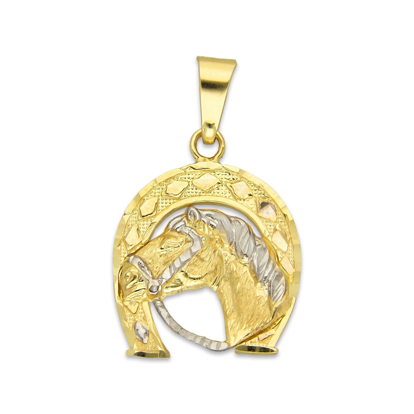 MR14DJ106 Dije Oro Sólido 14K Herradura Cabeza de Caballo Rienda Diamantada 2 cm x 3.3 cm